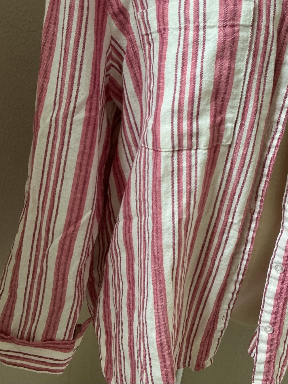 Nine West Pink and White Linen blend Striped Button-Down V-Neck Shirt - Picture 3 of 7
